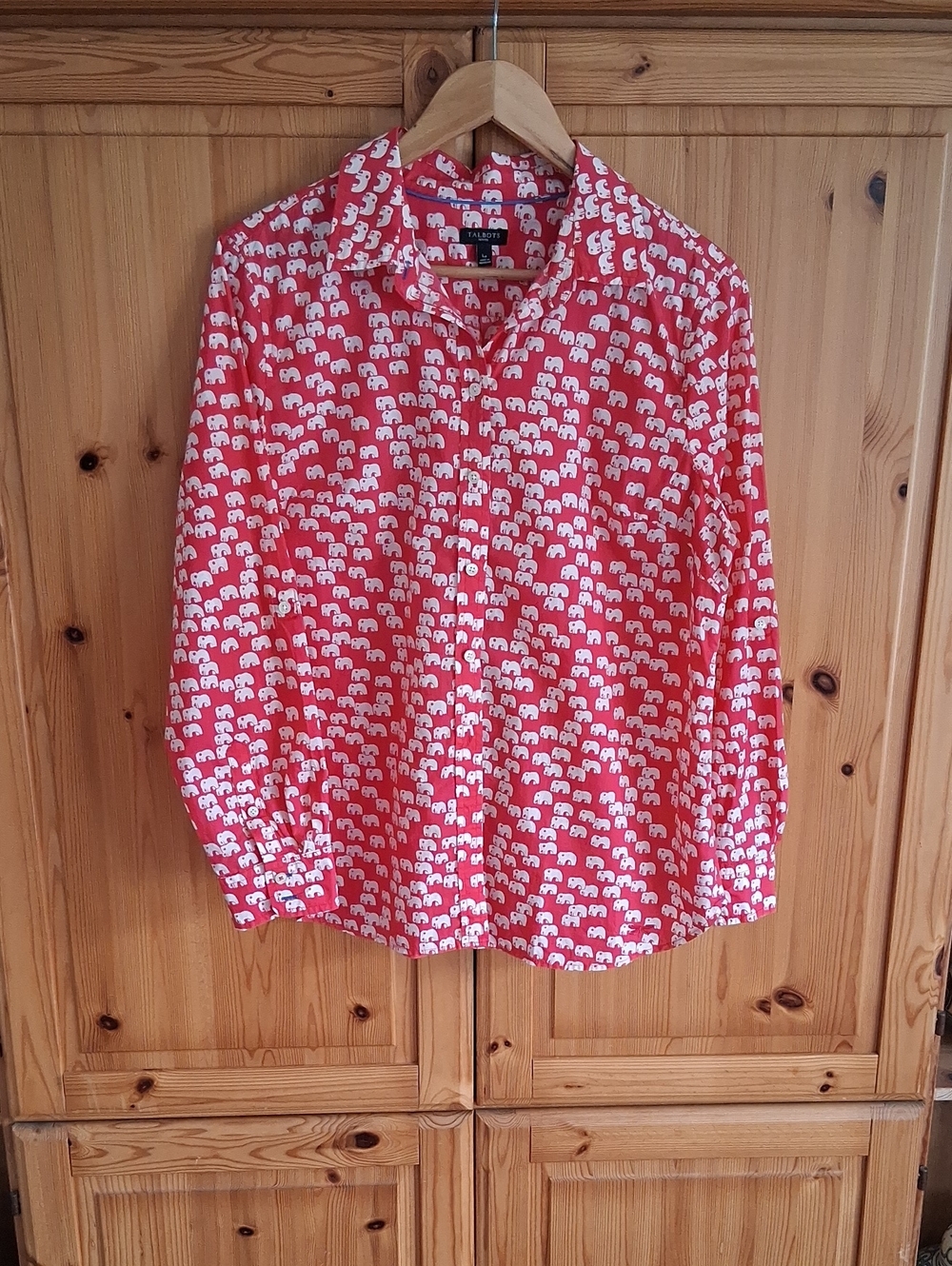 Talbots Vibrant Pink White Novelty Elephant Print Button Down Shirt Large